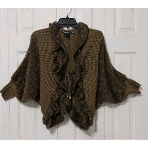 Urban Mango Cropped Shrug Cardigan Fuzzy Ruffle Bat Wing Sleeve Open Front Med.